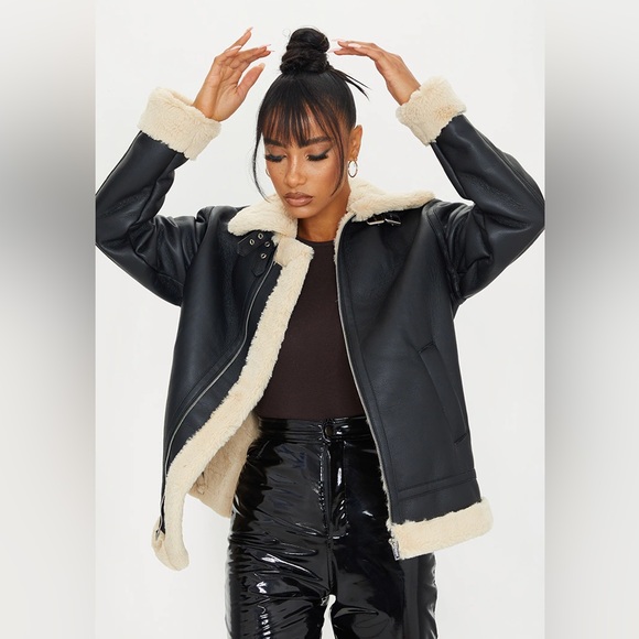 Nasty Gal Jackets & Blazers - PrettyLittleThing Faux Leather Oversized Plush Faux Fur Lined Aviator Jacket